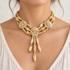 Vintage Carved Bone Bead Necklace Multi Strand Openwork Medallion Boho Statement
